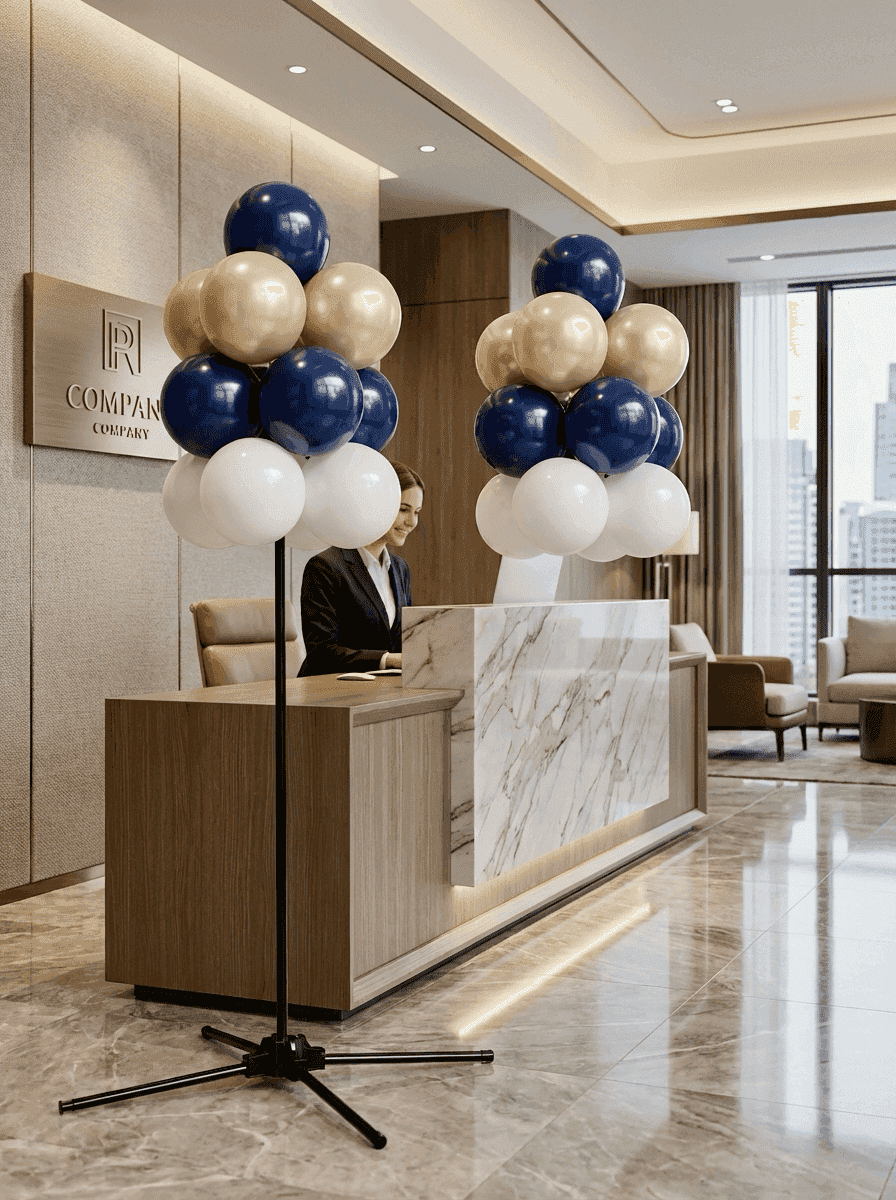 Staande ballontros naast onthaalbalie als welkomstdecoratie