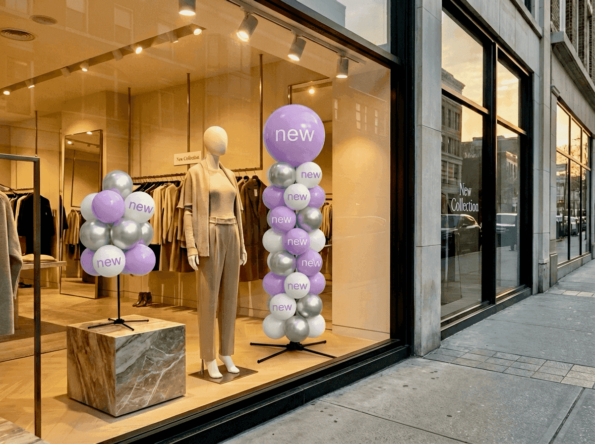 Modeboetiek etalage met witte en lila ballondecoratie bij seizoenswisseling