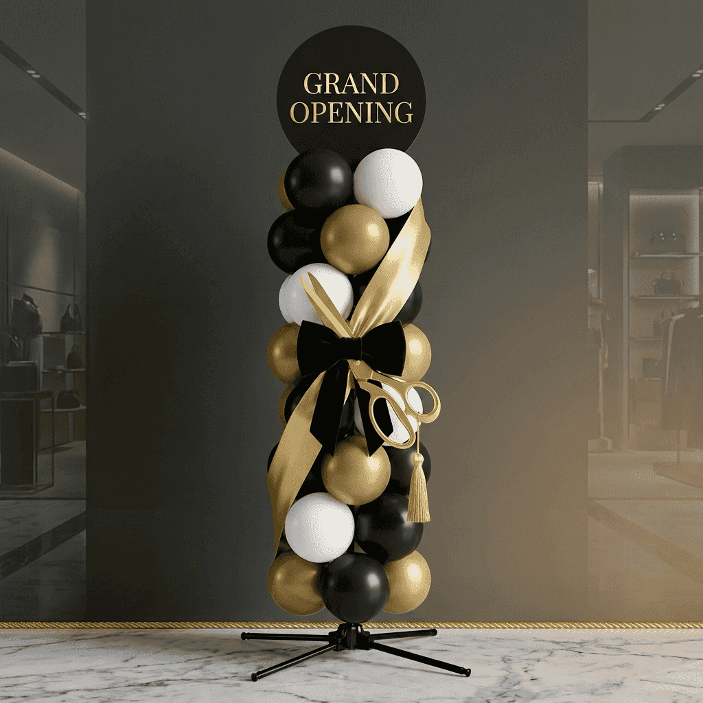 Brand store grand opening met donkerblauwe en witte ballonpilaren