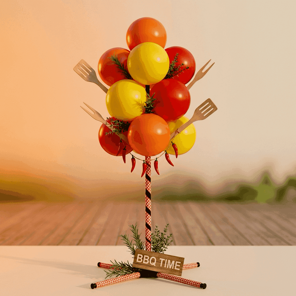 Supermarkt BBQ-hoek met oranje en gele ballontros decoratie