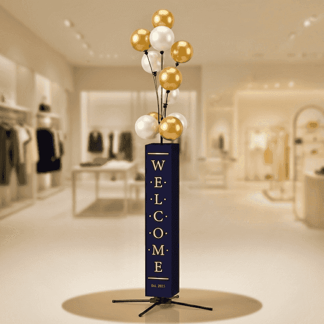 PilaMania Ballon Stoepbord totem met goud-witte balloncluster in luxe winkelinterieur