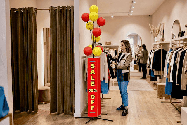 Ballon stoepbord naast winkelkassa als wisselbaar merkboodschap display