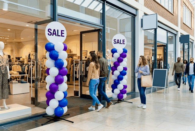Twee ballonpilaren in huisstijlkleuren bij winkelentree — professioneel reclame-effect