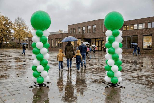 Weerbestendige ballonpilaren in schoolkleuren buiten bij schoolgebouw opendeurdag