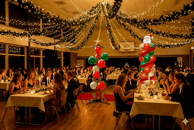 Elegante witte en gouden ballondecoratie voor schoolkerstgala in feestzaal