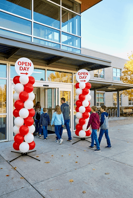 Kleurrijke ballonpilaren in schoolkleuren aan weerszijden van de schoolingang voor opendeurdag