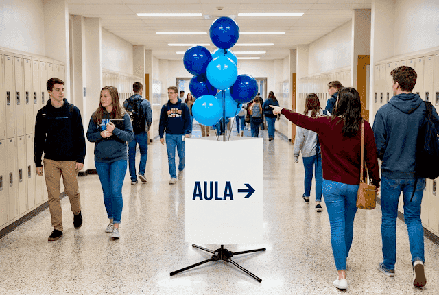 Ballon stoepbord met faculteitsnaam en schoolkleuren als navigatiepunt op hogeschool campus