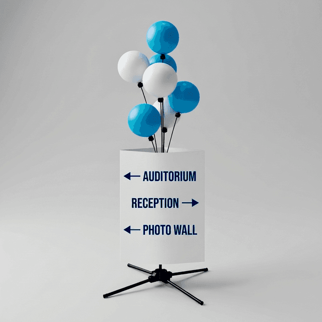PilaMania ballon stoepbord met wisselbaar faculteitspaneel voor opendeurdag navigatie op school