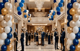 Ballonpilaren in de lobby van een hotel tijdens een zakelijke ontvangst