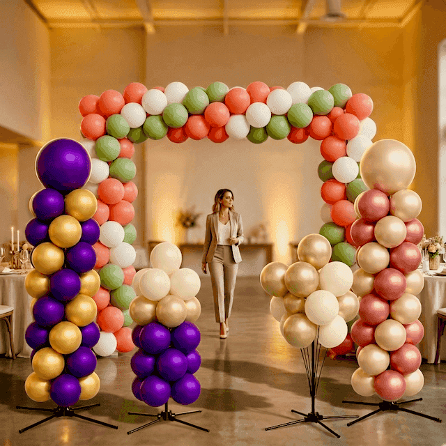 Herbruikbare ballondecoratie voor themafeesten — pilaren, bogen en fonteinen van PilaMania