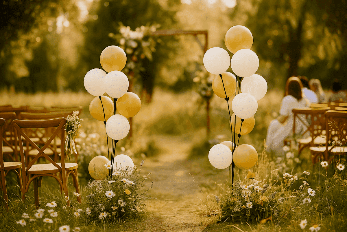 Eco trouwfeest in bloemenveld met goud en witte ballonpilaren