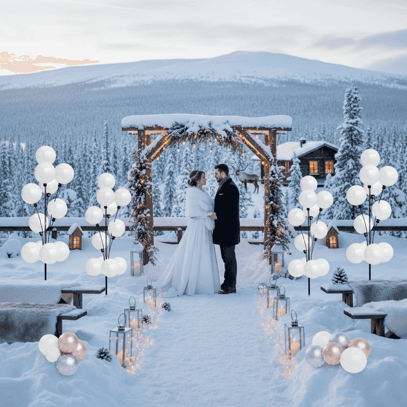 Winter trouwceremonie met ballonpilaren in besneeuwd landschap