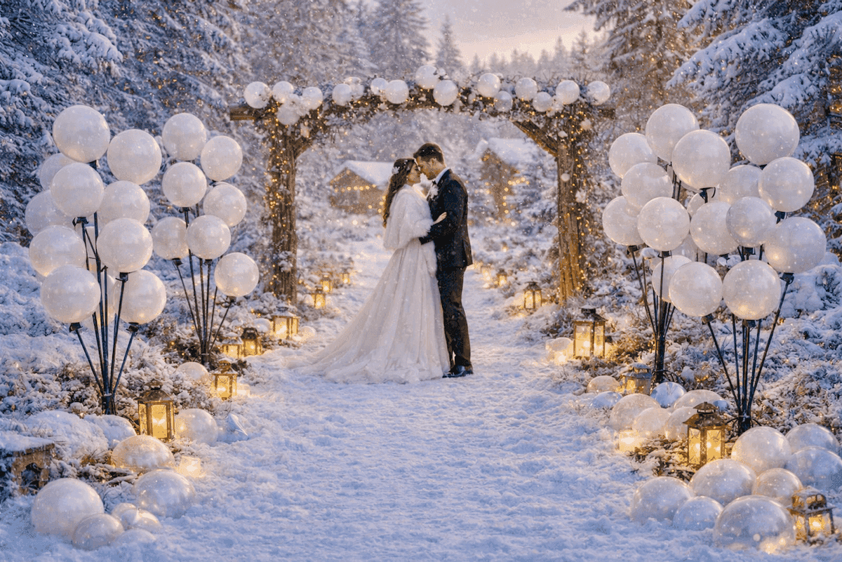 Romantisch wintertrouwfeest met witte ballonnenboog, lantaarns en sneeuw
