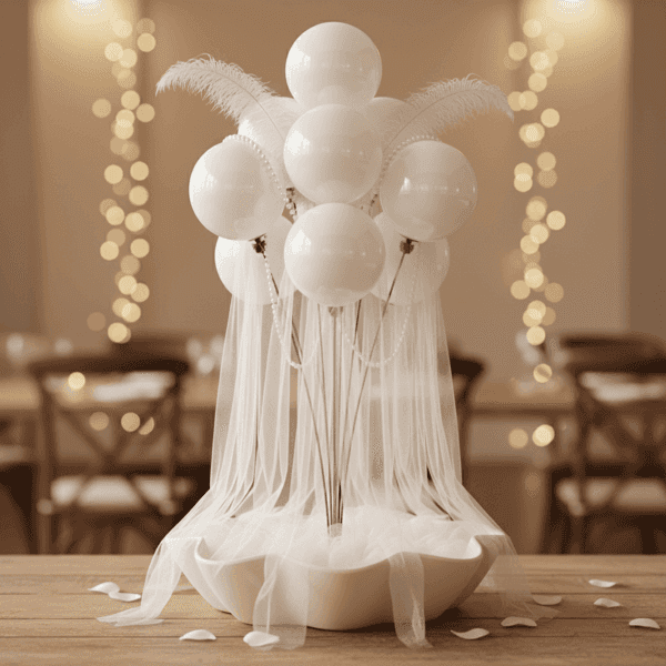 Trouwfeest centerpiece met ballonfontein, tulle, veren en decoratieve voet