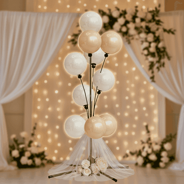 Witte ballonfontein met sfeerverlichting als trouwfeest centerpiece