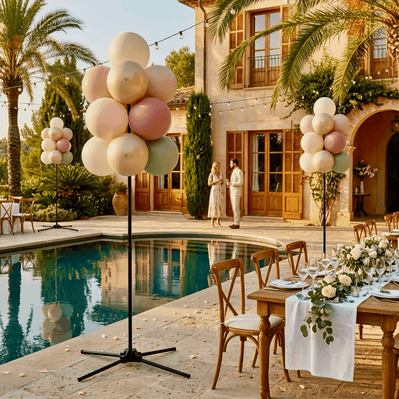 Elegante witte ballondecoratie voor trouwfeest met pilaren en boog