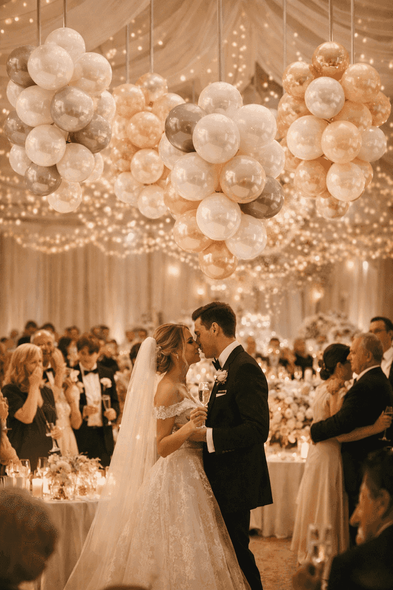 Bruidspaar danst onder hangende ballontros met sfeerverlichting