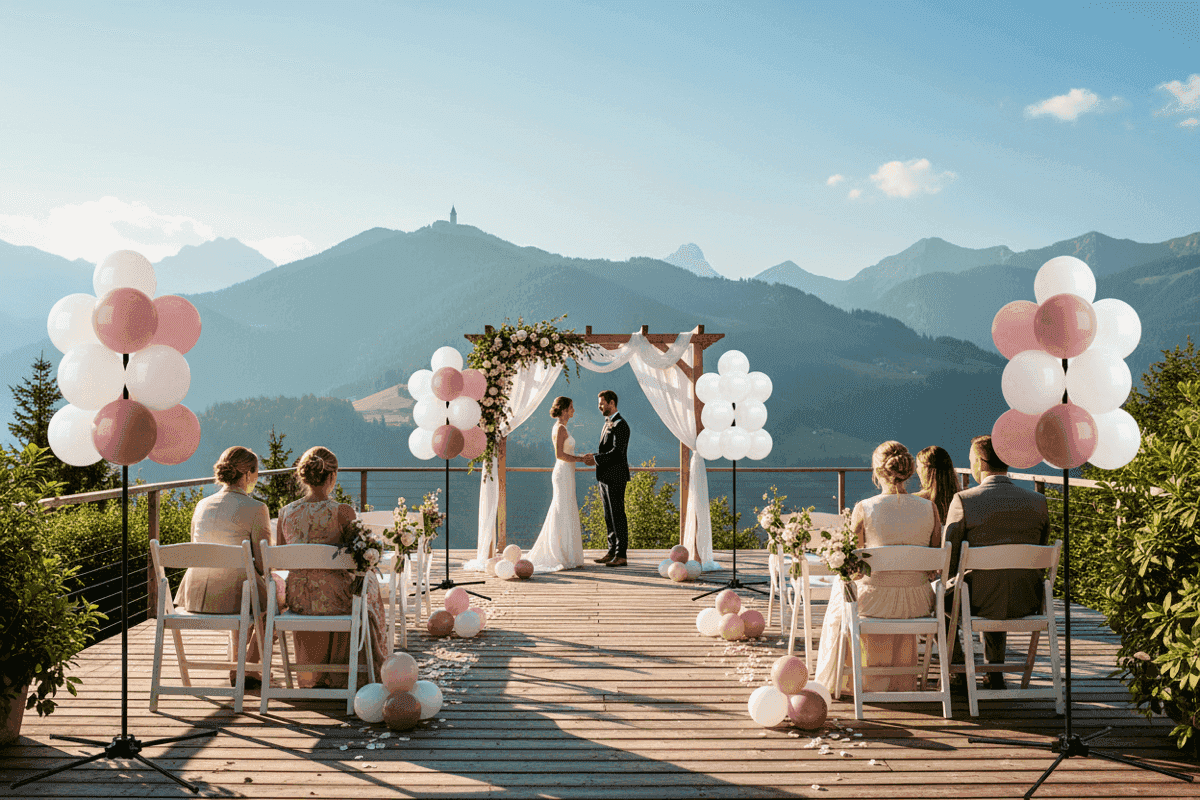 Trouwceremonie in de bergen met roze en witte ballonclusters