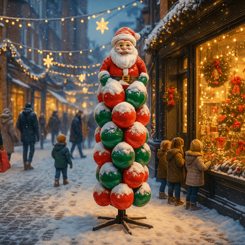 Ballonnenpilaar met kerstman als topfiguur, besneeuwd, voor een winkel in een sfeervolle winkelstraat