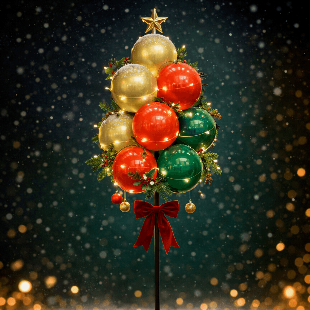 Ballontros in de vorm van een kerstboompje met gouden, rode en groene ballen, lichtjes en een gouden ster bovenop